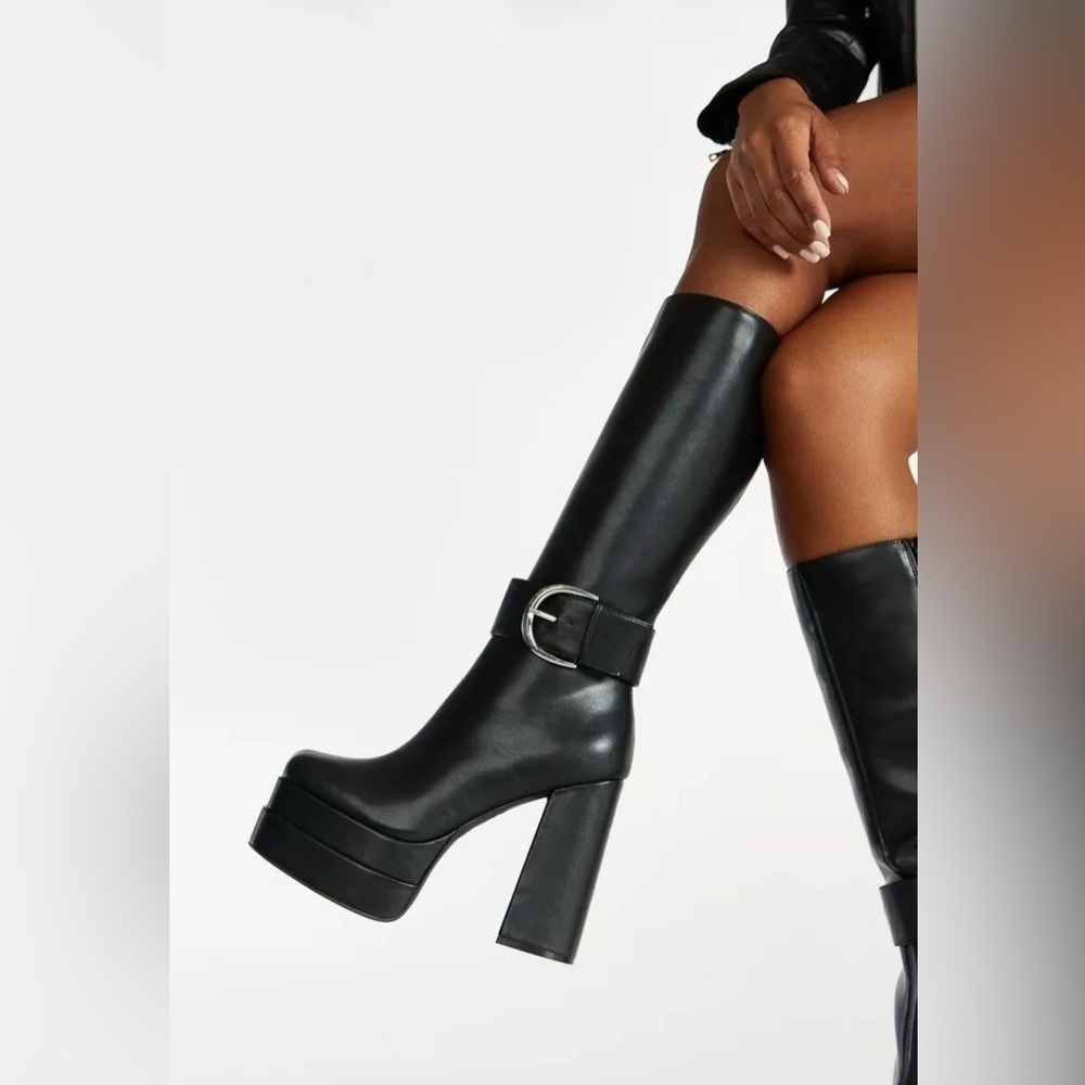 SHOE DAZZLE Black Platform Knee-High Tall Chunky Heeled Boots Shoes Size 10 - Picture 6 of 14